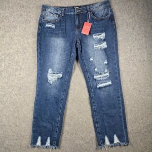 Flamingo Distressed Jeans Women 2XL Blue Ripped Frayed Hem High Rise Stretch New